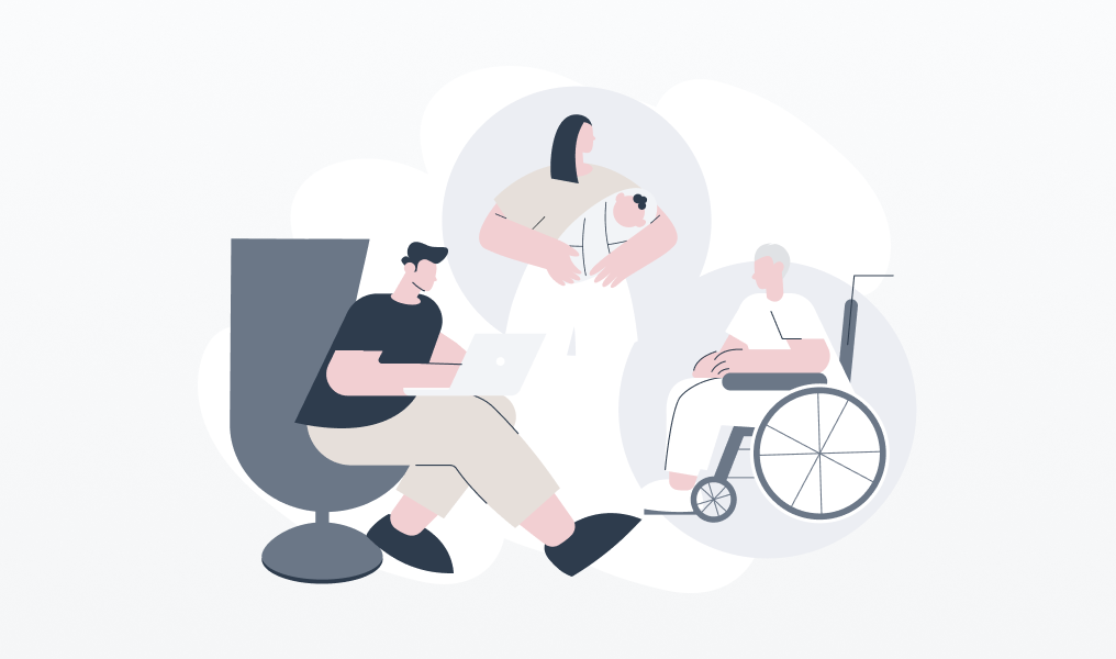 人生の異なる段階と医療・ヘルスケアのニーズを象徴するイラスト。左にはノートパソコンで作業する若い男性が座っており、現代の働き方やデジタル活用を示唆している。中央には、母親が赤ちゃんを抱き、父親が幼児を抱いている家族の姿があり、子育て世代や家族の健康を表現している。右には車椅子に座る高齢の男性がおり、高齢者医療や介護の必要性を示している。全体として、若年層から高齢者まで、あらゆる世代の生活と健康を包括的にサポートする概念を、淡い色合いのフラットデザインで表現している。